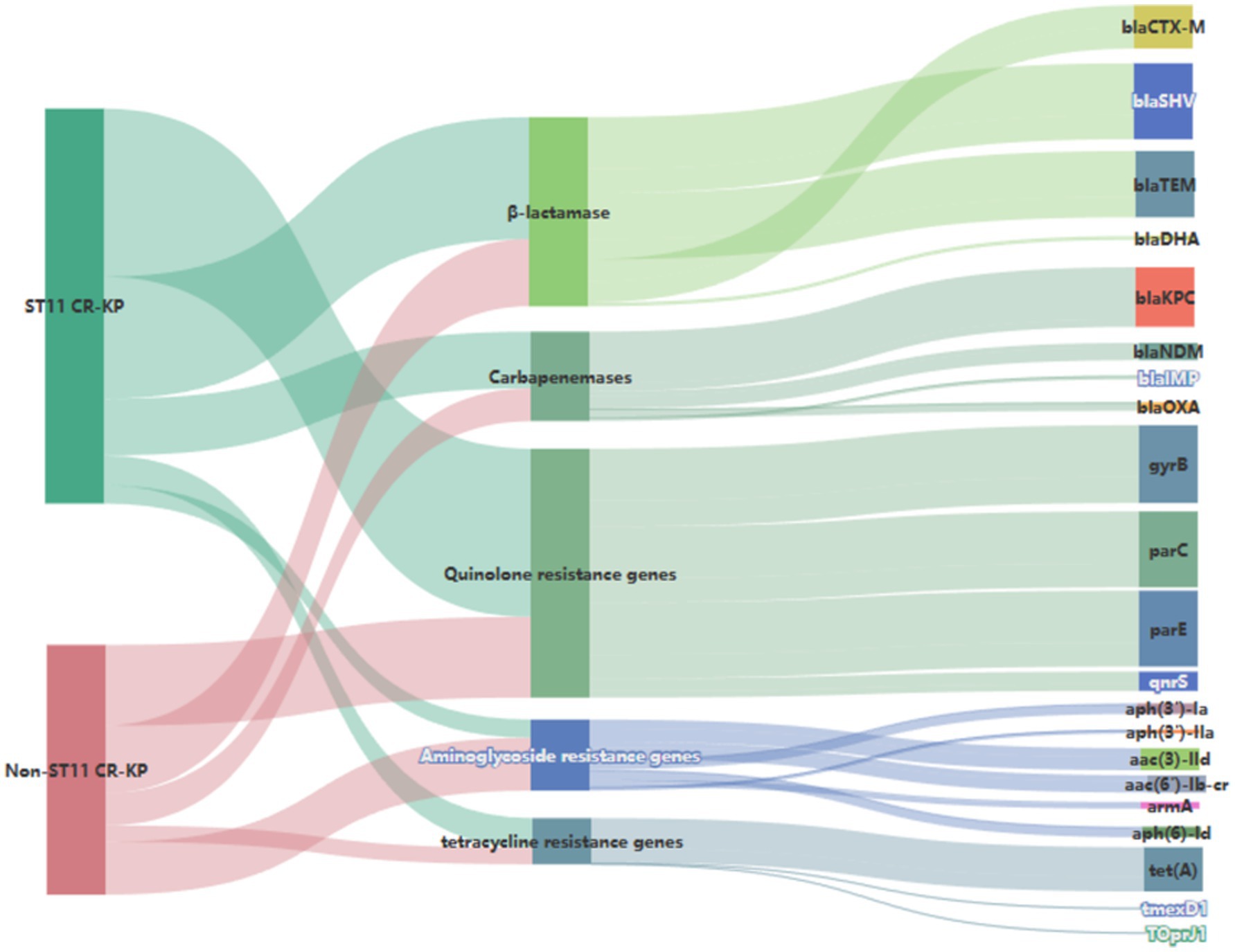 Sankey diagram showing the distribution of resistance genes between ST11 CR-KP and Non-ST11 CR-KP groups. The diagram illustrates connections to β-lactamase, carbapenemases, quinolone resistance, aminoglycoside resistance, and tetracycline resistance genes with specific gene labels such as blaCTX-M, blaNDM, and gyrB.