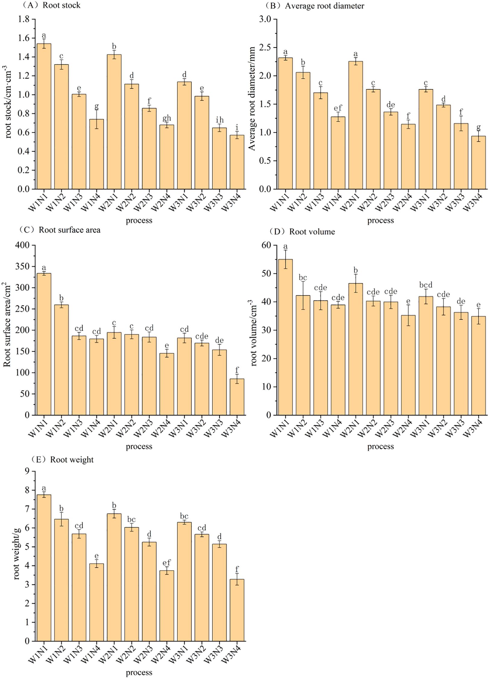 Five bar charts display various root properties across different processes: (A) Root stock varying from 0.4 to 1.6; (B) Average root diameter from 1.2 to 2.8; (C) Root surface area from 50 to 350; (D) Root volume from 10 to 50; (E) Root weight from 2 to 8. Processes include W1N1 to W3N4, each showing distinct values and labeled with different letters for statistical comparison. Bars are orange with error bars.