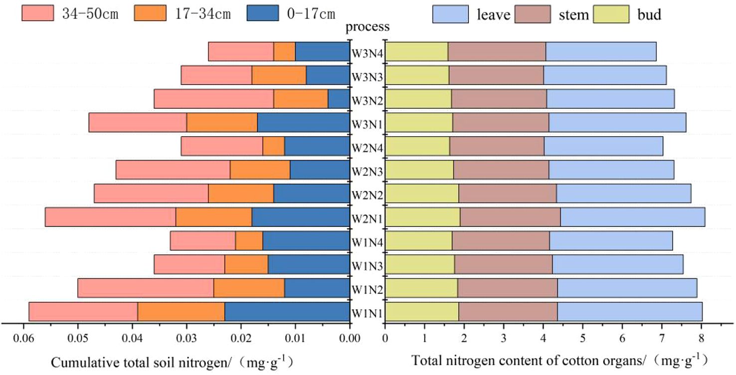 Bar charts display cumulative total soil nitrogen (left) and total nitrogen content of cotton organs (right). The left chart shows soil nitrogen at three depths (0-17 cm, 17-34 cm, 34-50 cm) across different processes (W1N1 to W3N4). The right chart shows nitrogen content in leaves, stems, and buds for corresponding processes.