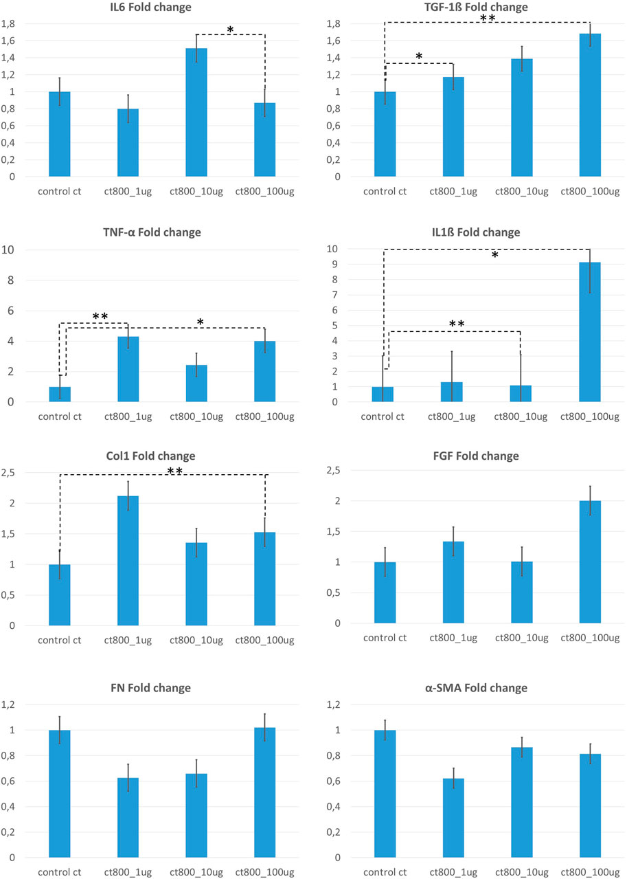 Eight bar graphs show fold changes in gene expression levels for IL6, TGF-1β, TNF-α, IL1β, Col1, FGF, FN, and α-SMA across different treatment groups: control, ct800_1µg, ct800_10µg, and ct800_100µg. Significant differences are marked with asterisks.
