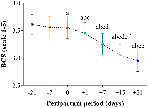Line chart showing Body Condition Score (BCS) on a scale from 2.5 to 4.0 across the peripartum period, from day -21 to +21. Scores decline from approximately 3.6 to 3.0. Error bars and letter annotations indicate statistical significance.