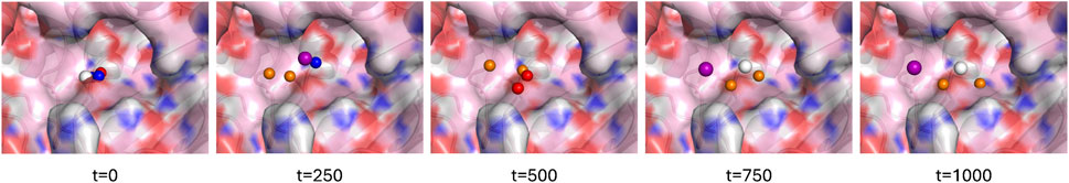 Illustration of pharmacophore generation showing the denoising of centers in five stages, labeled t=0, t=250, t=500, t=750, and t=1000. Molecules are depicted as colored spheres in a complex, multicolored environment of reds, blues, and whites, indicating changes over time.