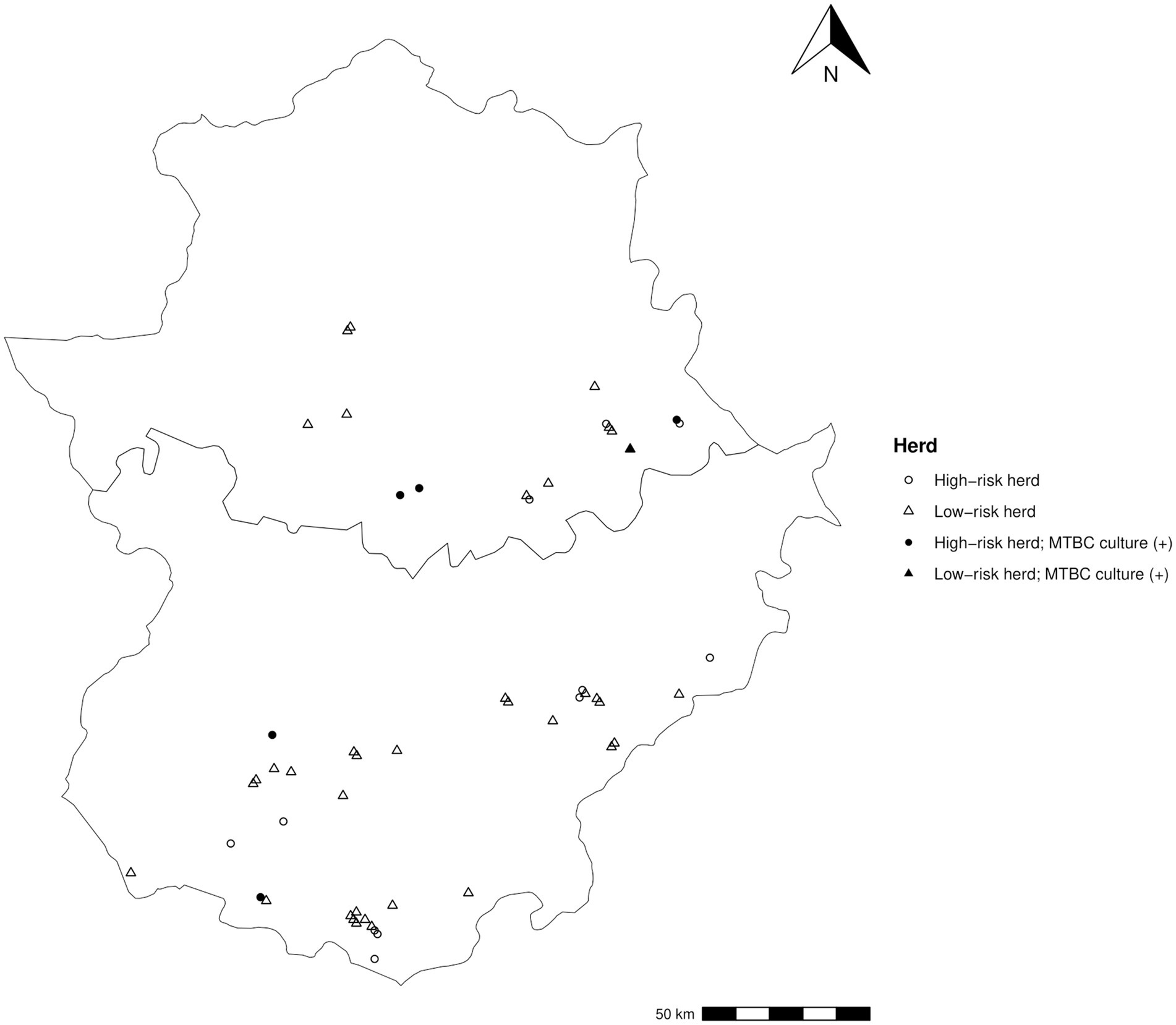 Map showing the distribution of herds categorized by TB risk. High-risk herds are marked with open circles, low-risk herds with triangles, high-risk herds with a positive MTBC culture with filled circles, and low-risk herds with a positive MTBC culture with filled triangles. A compass and scale bar indicate orientation and distance.
