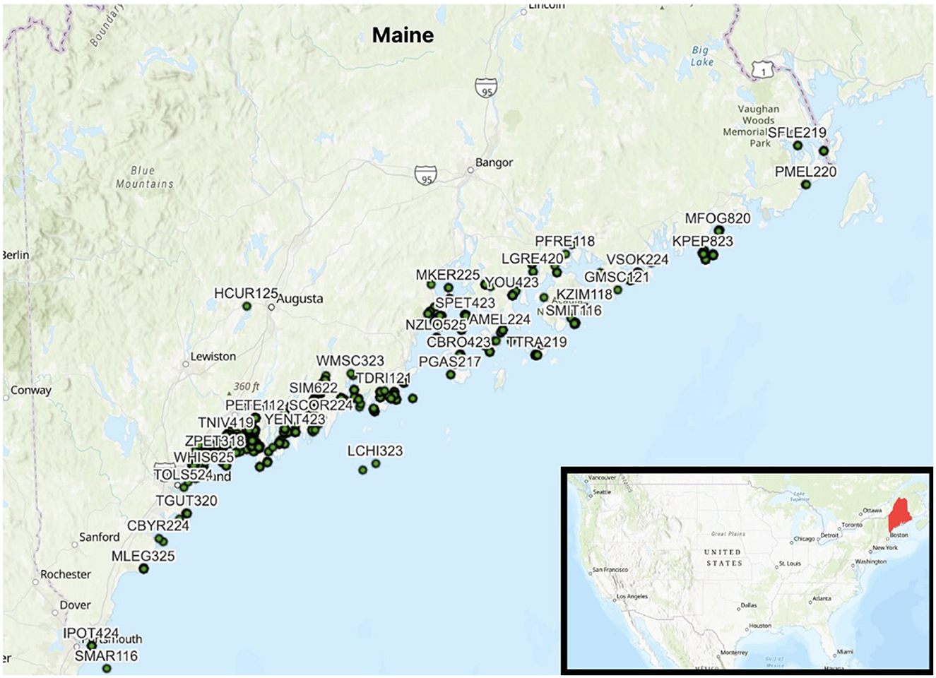 Map of Maine showing various labeled locations with black dots, indicating specific sites along the coast from south to east. An inset map of the United States highlights Maine in red, providing context for its geographic location.