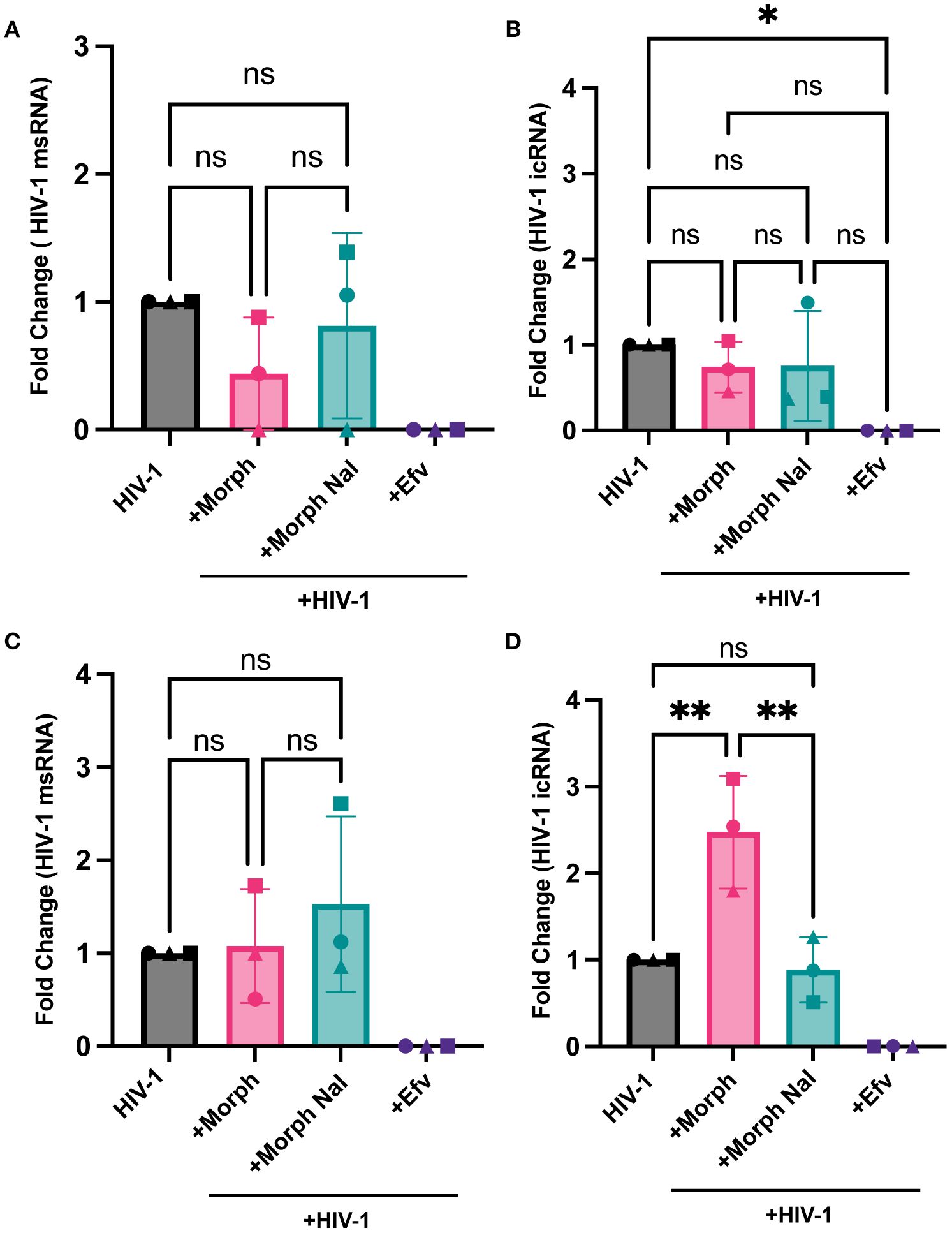 Bar charts labeled A to D showing fold change in HIV-1 msRNA or icRNA levels. Each chart compares conditions: HIV-1, +Morph, +Morph Nal, and +EfV. Panels A and C show non-significant differences. Panel B shows a significant increase marked by an asterisk, and panel D shows a significant increase indicated by double asterisks. Error bars represent variability.