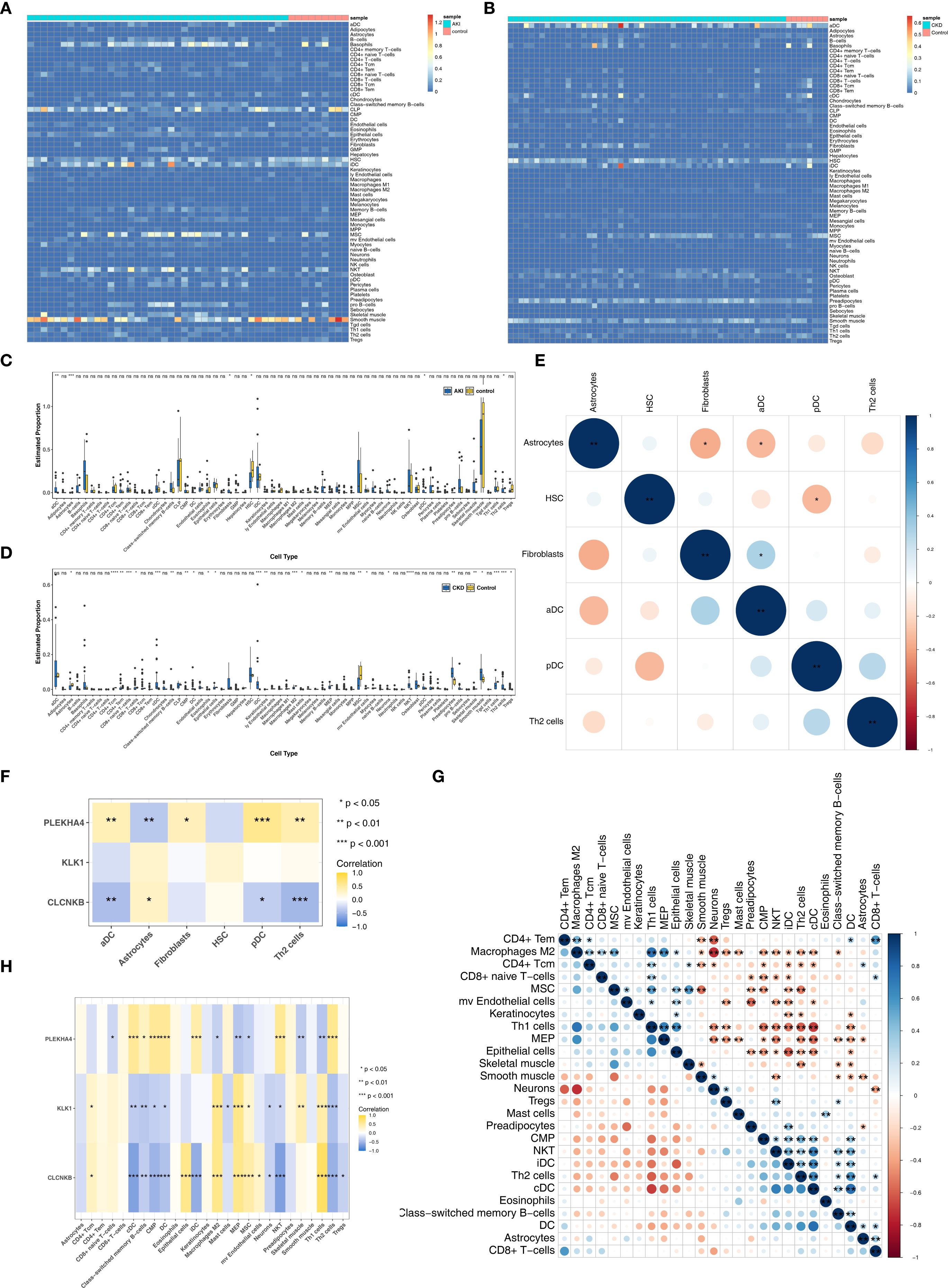 Seven panels display various data visualizations related to gene expression and cell-type analysis. Panels A and B are heat maps showing expression levels across samples with color gradients. Panels C and D are bar graphs comparing cell type abundances between AS and control groups. Panel E is a correlation matrix using circles of varying sizes and colors to indicate correlation strength between cell types. Panel F is a matrix showing gene correlation with a color gradient and significance levels. Panel G presents another correlation matrix with diverse cell types. Panel H is a heat map illustrating correlation significance and strength for specific genes.