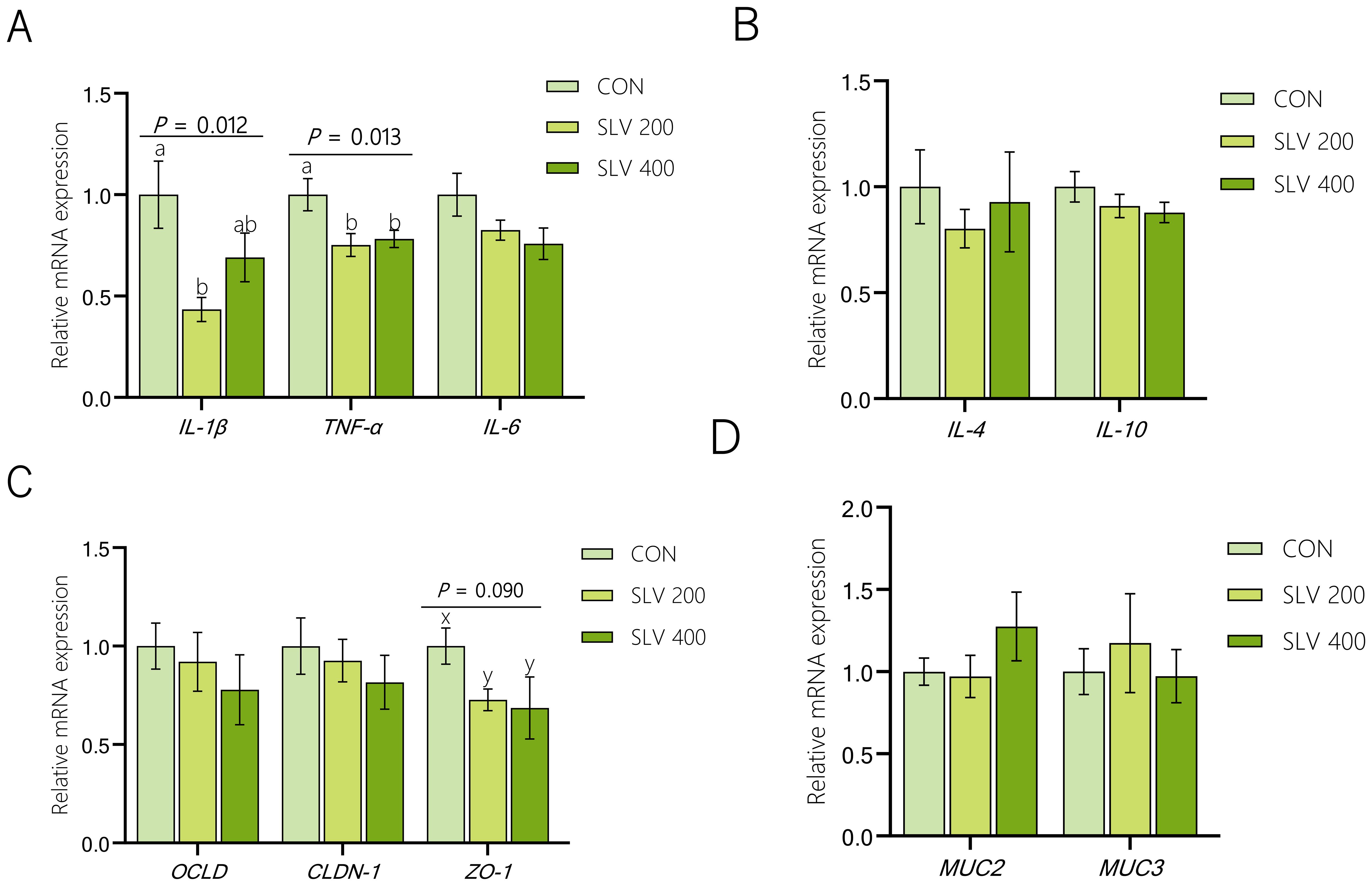Bar graphs labeled A to D showing relative mRNA expression levels for various genes. Each graph compares control (CON) with SLV 200 and SLV 400 treatments using different shades of green. Significant differences are indicated with P-values. Graph A shows IL-1β, TNF-α, and IL-6, with IL-1β and TNF-α having P-values of 0.012 and 0.013 respectively. Graph B shows IL-4 and IL-10. Graph C shows OCLD, CLDN-1, and ZO-1, with a P-value of 0.090 for ZO-1. Graph D shows MUC2 and MUC3 expression. Error bars indicate variability.