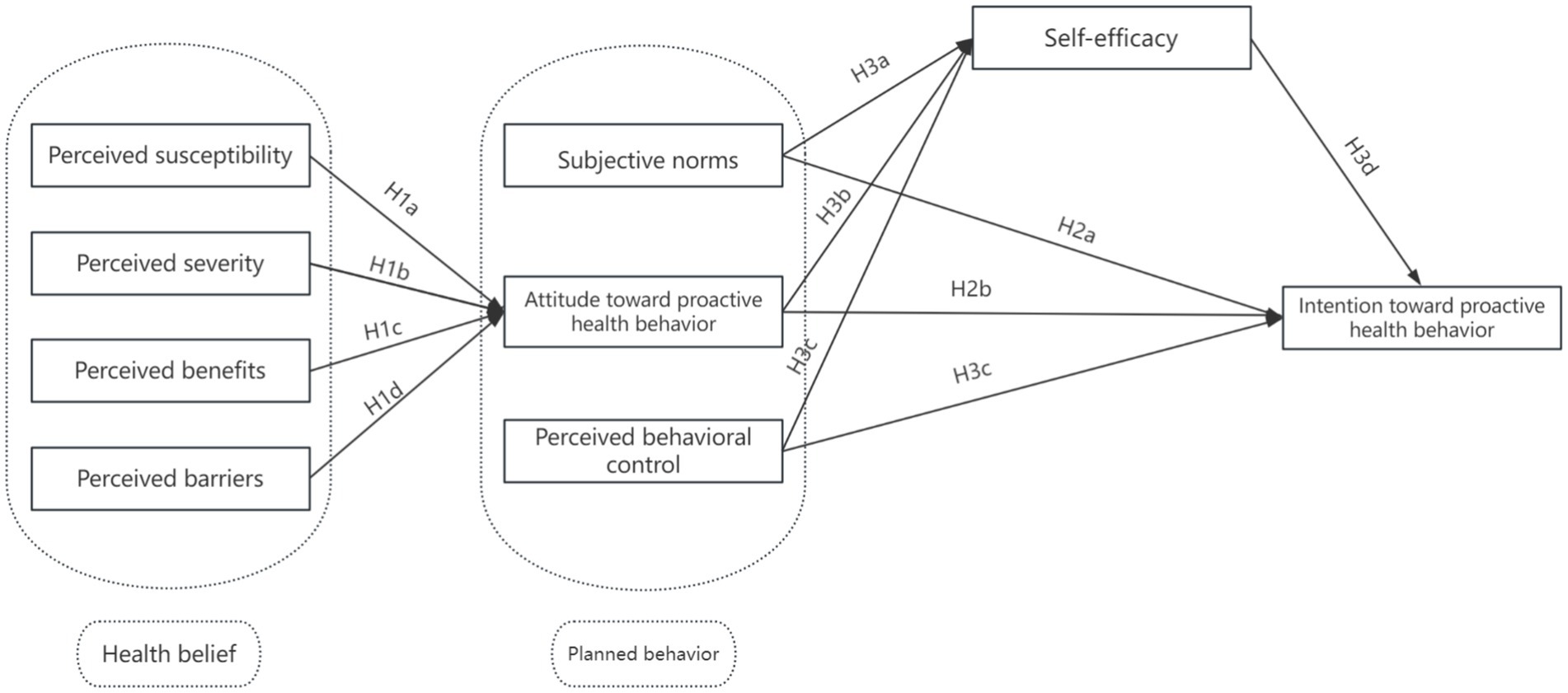 Flowchart illustrating the relationship between health belief factors and planned behavior. It includes perceived susceptibility, severity, benefits, and barriers impacting attitude toward proactive health behavior and perceived behavioral control. Subjective norms and self-efficacy lead to intention toward proactive health behavior, with various hypothesis labels indicating connections.