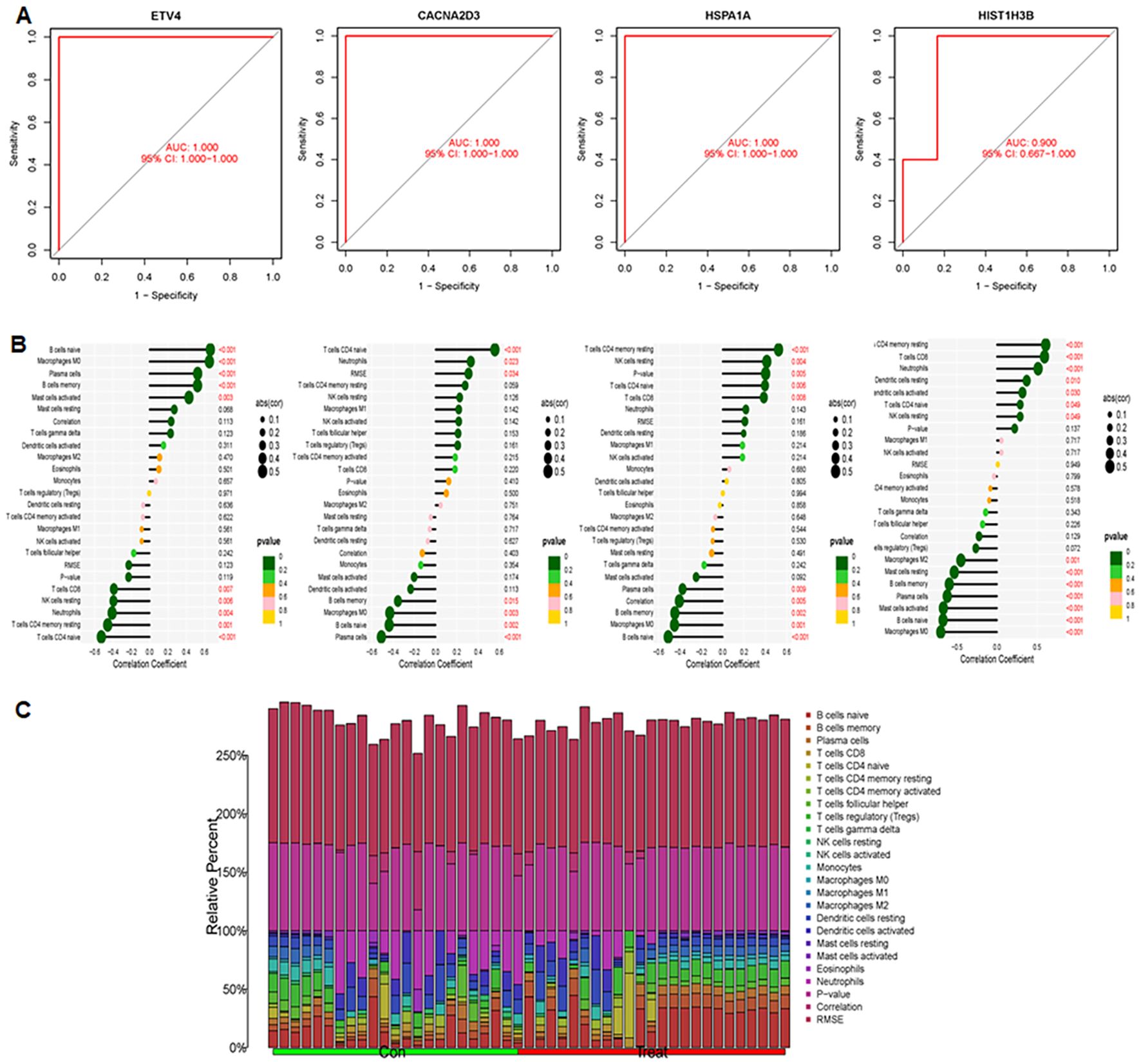 Panel A displays four ROC curves for ETV4, CACNA2D3, HSPA1A, and HIST1H3B, each with AUC values of 0.900 to 1.000. Panel B shows correlation coefficients between various cell types and their significance levels, with p-values color-coded. Panel C presents a stacked bar chart depicting the relative percentages of different immune cell types across control and hook sample groups.
