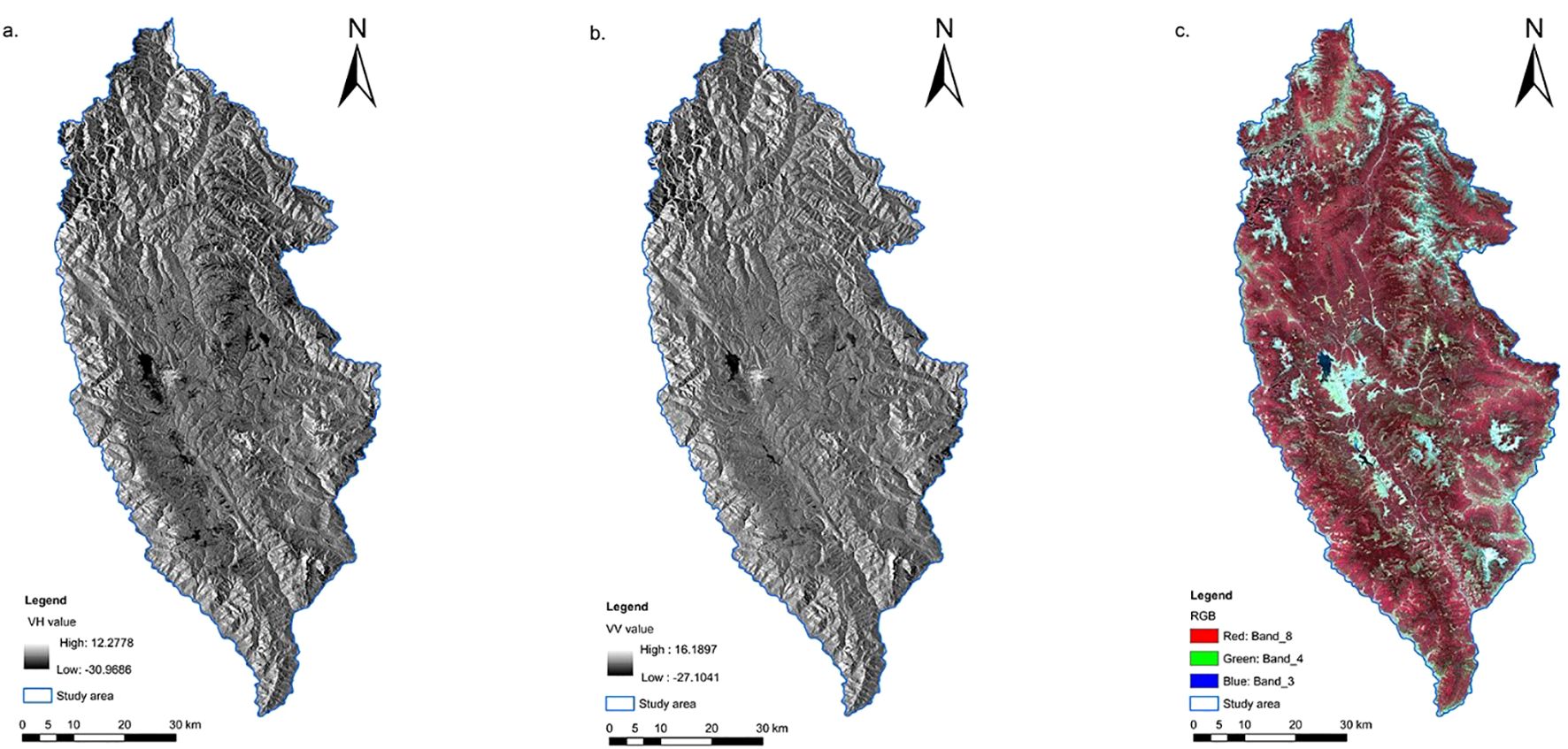 Three-panel satellite images of a mountainous area with north indicators. Panel a shows VH values in grayscale from high to low. Panel b displays VV values in grayscale, similarly ranging high to low. Panel c is a colored map with red, green, and blue representing different bands. Legends and scale bars are included in each panel.