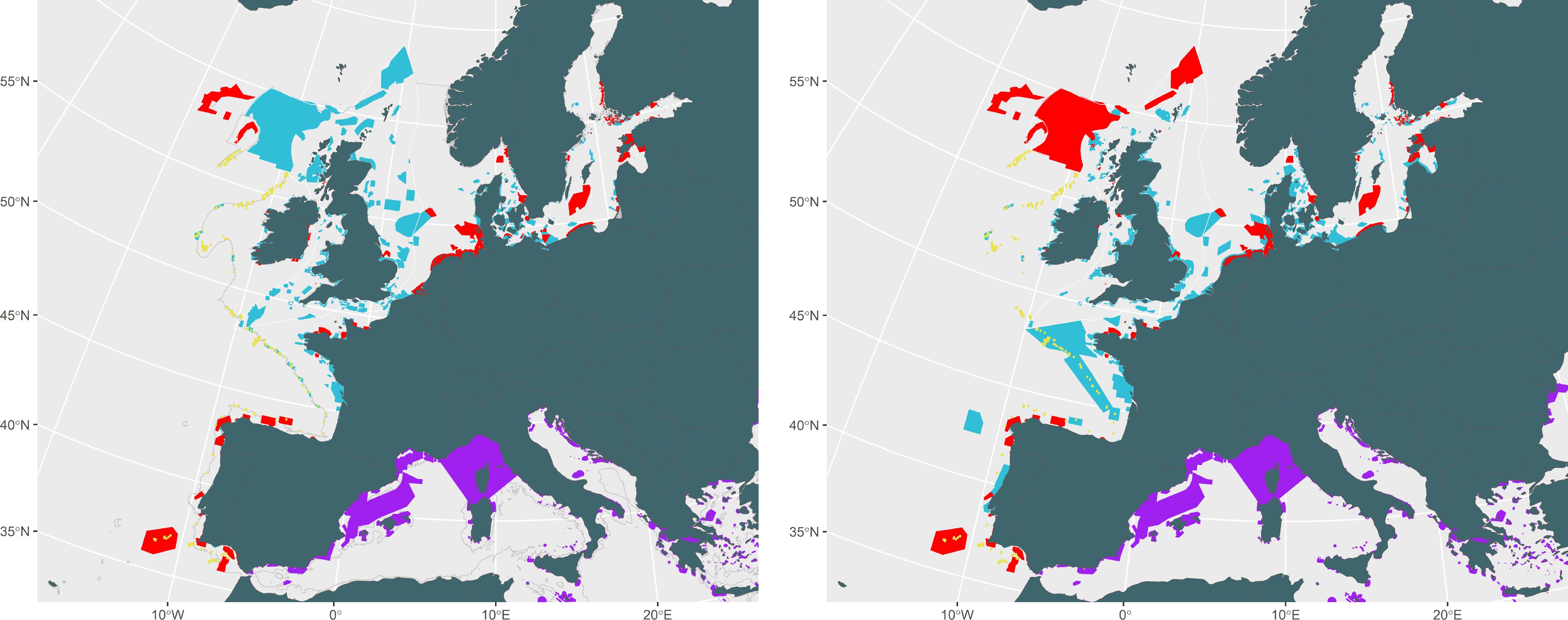Map of Europe divided into two sections. The left section shows various colored areas, including red, blue, and yellow, indicating different zones above the 35°N latitude. The right section mirrors this pattern but with variations in distribution and intensity of the colored regions. Some areas are marked in purple, particularly in the southern and eastern parts. The map uses a grid with longitude and latitude markings for reference.