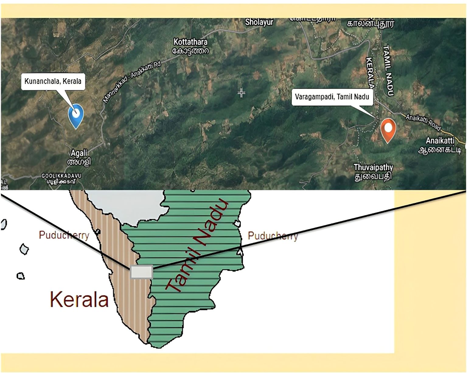 Satellite map showing the border area between Kerala and Tamil Nadu. It highlights Kunanchala in Kerala and Varagampadi in Tamil Nadu. Below is a simplified geographical map with marked states of Kerala, Tamil Nadu, and Puducherry.