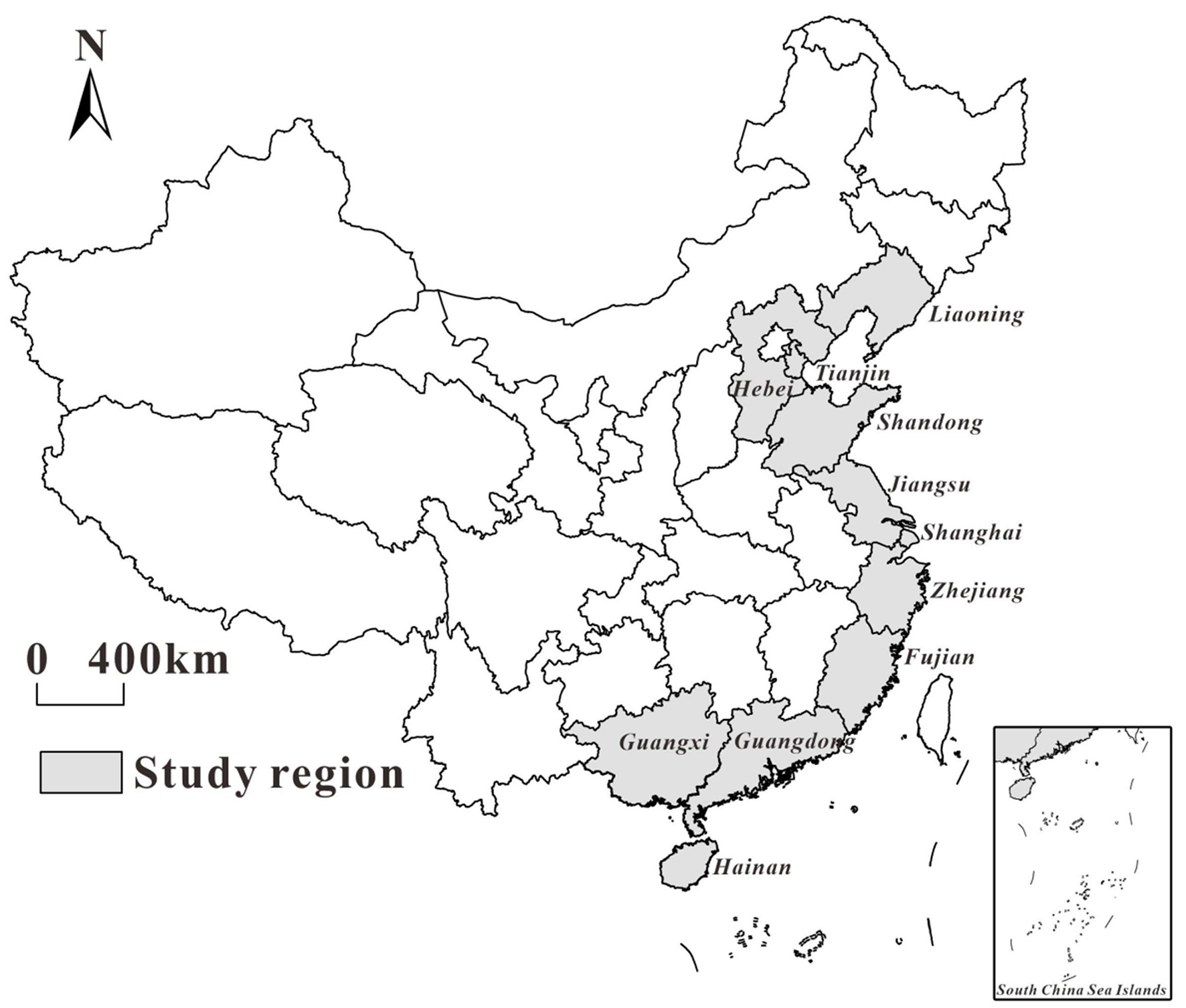 Map of China highlighting the study region, including provinces facing the eastern coast such as Liaoning, Tianjin, Hebei, Shandong, Jiangsu, Shanghai, Zhejiang, Fujian, Guangdong, Guangxi, and Hainan. An inset displays the South China Sea Islands. A scale and compass indicate direction and distance.