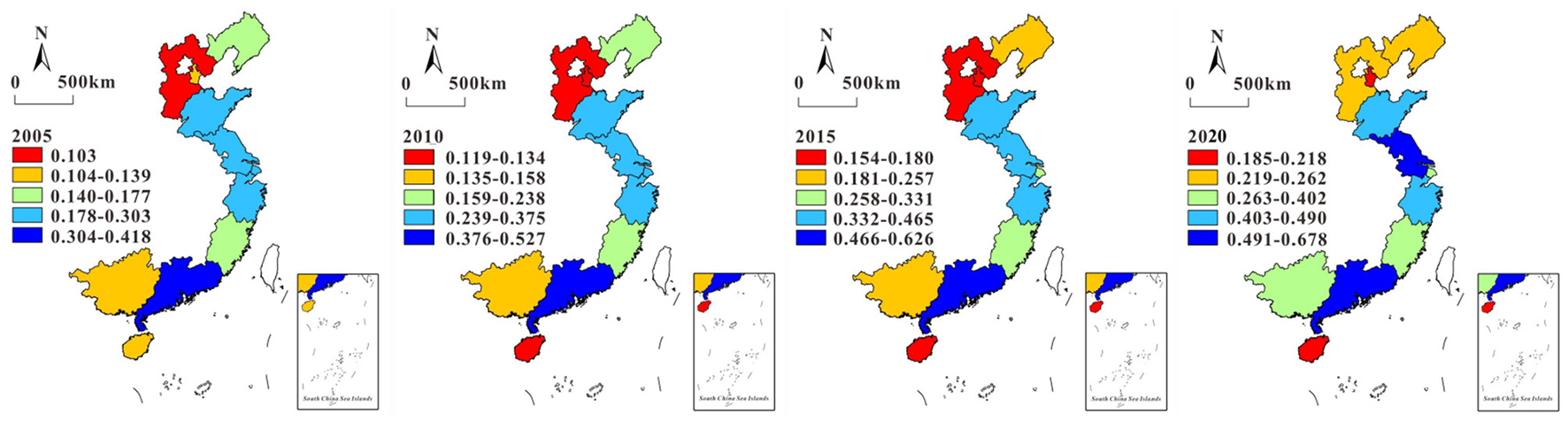 Four maps of Vietnam from 2005, 2010, 2015, and 2020 show agricultural land percentage changes. Each map uses a color gradient from red to blue, indicating increasing percentages. The legend shows specific percentage ranges corresponding to colors for each year. A North arrow and scale bar are present.
