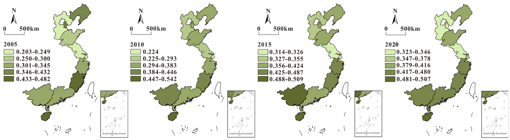 Four maps of China from 2005, 2010, 2015, and 2020 show varying shades of green representing different data ranges. Each map includes a north arrow and scale bar of 500 kilometers. Data ranges, indicated in a legend, show increasing values over the years. The maps are presented horizontally in a row.
