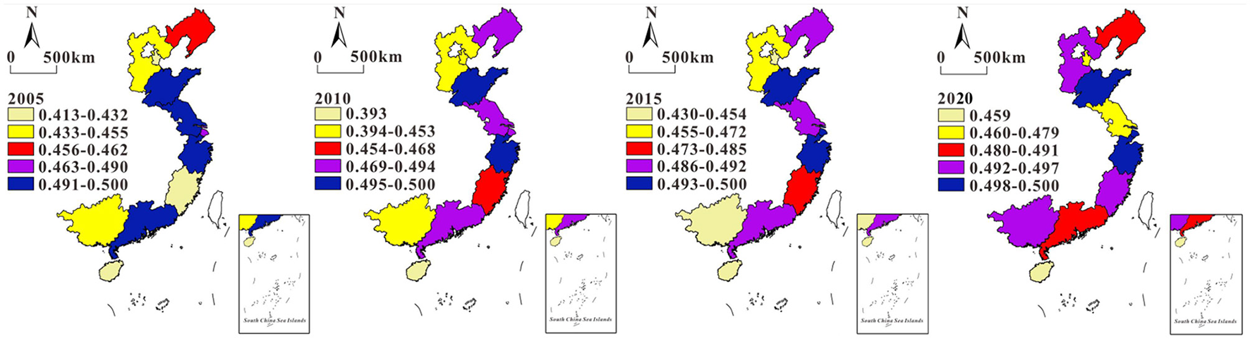 Four maps of Vietnam from 2005, 2010, 2015, and 2020 show color-coded ranges representing different data intervals. Colors range from yellow to purple, each indicating a specific numeric range. A scale bar and North arrow are present, along with an inset map for reference.