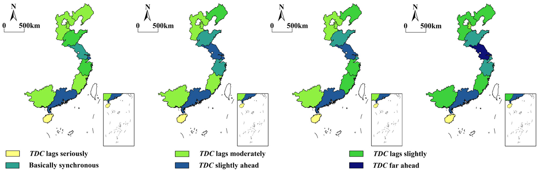 Maps show Vietnam divided into regions with varying levels of TDC (Total Dynamic Capacity) progression, using color codes from yellow to dark blue. The progression ranges from “TDC lags seriously” to “TDC far ahead.” Each map highlights different timeframes or scenarios, indicating shifts in TDC across the regions. A scale of 0 to 500 kilometers is included for distance reference.