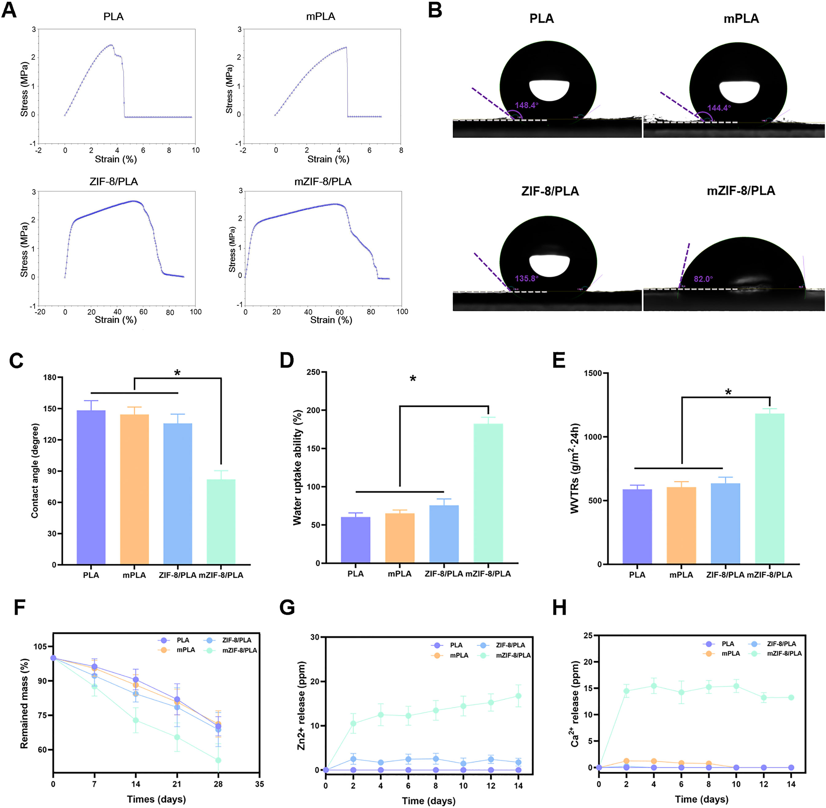 (A) Four graphs present stress-strain curves for PLA, mPLA, ZIF-8/PLA, and mZIF-8/PLA, showing differences in material properties. (B) Images show water contact angles on PLA, mPLA, ZIF-8/PLA, and mZIF-8/PLA surfaces, illustrating wettability differences. (C) Bar chart compares contact angles of the materials; PLA has the highest angle. (D) Bar chart of water uptake ability, with mZIF-8/PLA showing the highest uptake. (E) WVTRS comparison indicates mZIF-8/PLA has the highest rate. (F-H) Line graphs show material properties over time: mass remaining, Zn²⁺ release, and Ca²⁺ release, with mZIF-8/PLA having distinct performance. Asterisks denote statistically significant differences.