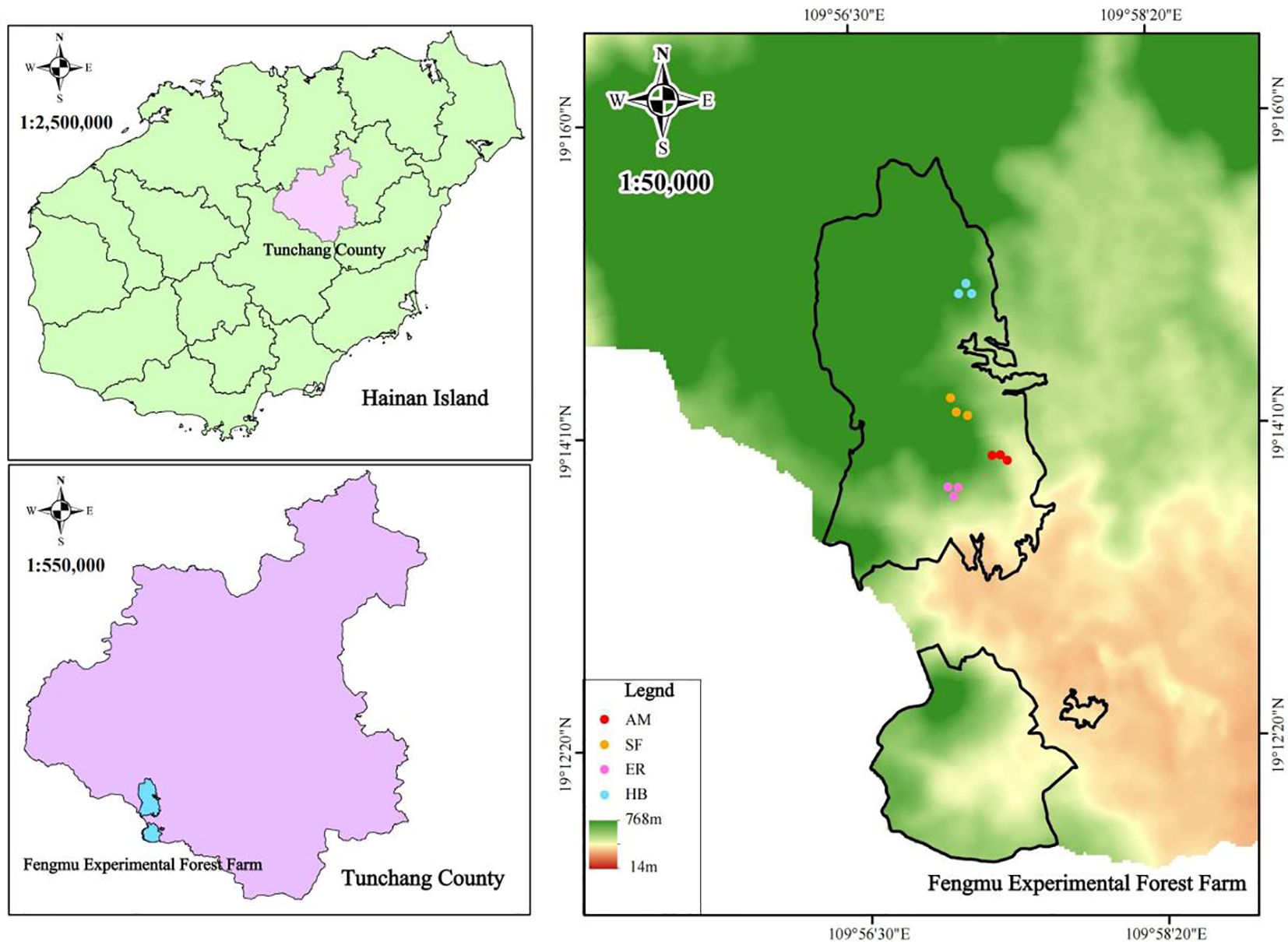 Map showing three areas. Top-left: Hainan Island with Tunchang County highlighted. Bottom-left: Close-up of Tunchang County, highlighting Fengmu Experimental Forest Farm. Right: Detailed map of Fengmu Experimental Forest Farm with color-coded points corresponding to different areas marked as AM, SF, ER, and HB. Elevation gradient is shown from fourteen meters to seven hundred sixty-eight meters. Compass rose indicates orientation.