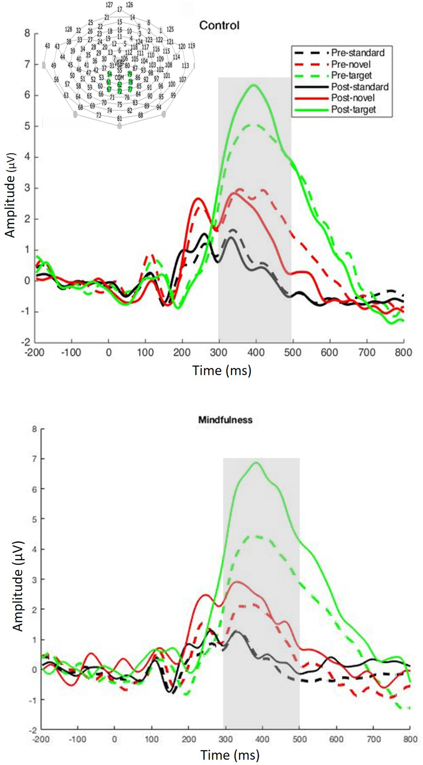 Two line graphs compare brain wave amplitudes (in microvolts) over time (in milliseconds) for control and mindfulness groups. Both graphs depict pre- and post-intervention responses categorized into standard, novel, and target, indicated by solid and dashed lines in black, red, and green. The control graph shows a notable increase in green post-target lines around 300-500 ms, while the mindfulness graph exhibits a similar peak with smoother transitions. An electrode layout diagram is included above the control graph.