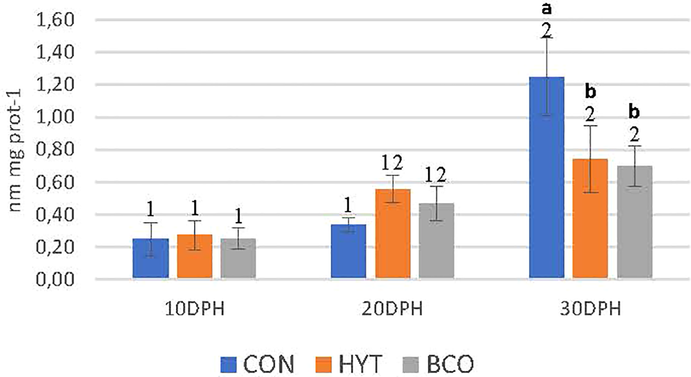 Bar chart showing nm mg protein-1 measurements at 10, 20, and 30 days post hatching (DPH) for three groups: CON, HYT, and BCO. At 10 DPH, all groups are similar, around 0.20 nm mg prot-1. At 20 DPH, HYT is higher than CON and BCO. At 30 DPH, CON has the highest value, significantly above HYT and BCO. Error bars indicate variability.