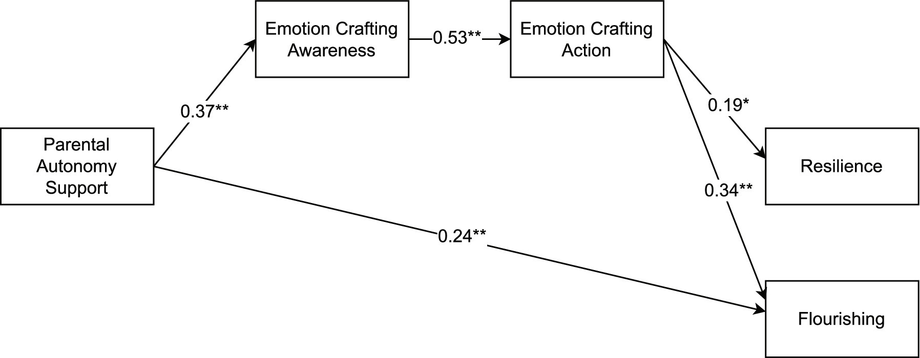 A structural equation model diagram shows the relation between variables. “Parental Autonomy Support” predicts “Emotion Crafting Awareness” (0.37), which predicts “Emotion Crafting Action” (0.53). “Emotion Crafting Action” directly predicts both “Resilience” (0.19) and “Flourishing” (0.34). “Parental Autonomy Support” is also directly linked to “Flourishing” (0.24).