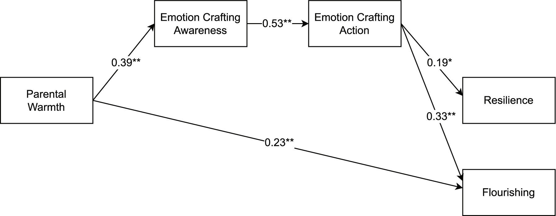 A structural equation model diagram shows the relation between variables. “Parental Warmth” predicts “Emotion Crafting Awareness” (0.39), which predicts “Emotion Crafting Action” (0.53). “Emotion Crafting Action” directly predicts both “Resilience” (0.19) and “Flourishing” (0.33). “Parental Warmth” is also directly linked to “Flourishing” (0.23).
