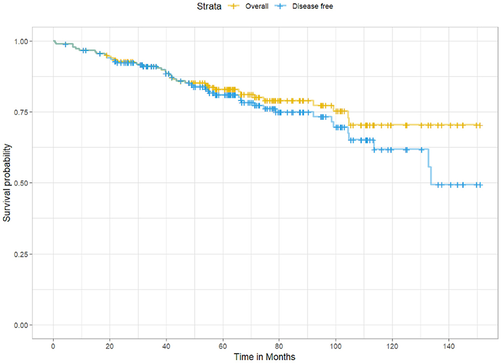 Kaplan-Meier survival curve showing overall survival probability in yellow and disease-free survival probability in blue over 150 months. Both curves decline, with the disease-free curve dropping more steeply after 120 months.