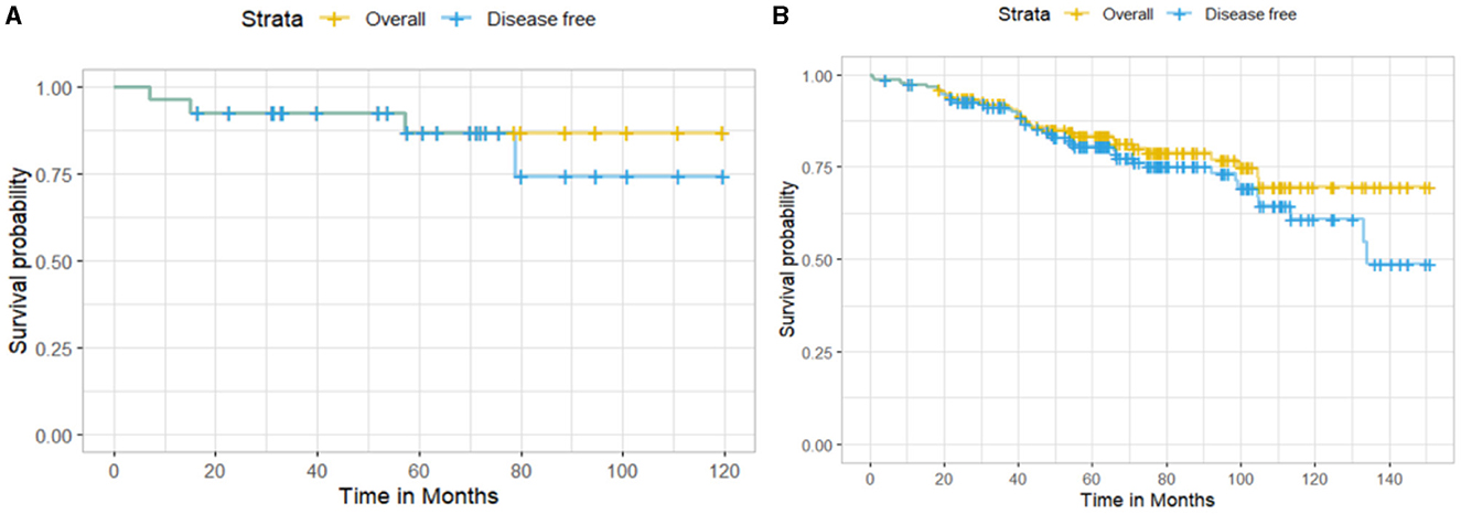 Two survival probability graphs are shown over time in months. The left graph indicates higher survival rates with minimal decline, while the right graph shows a gradual decrease. Both graphs have “Overall” in yellow and “Disease free” in blue, indicating different survival strata.