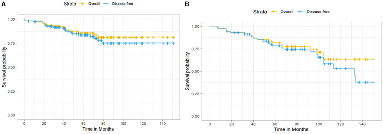 Two side-by-side Kaplan-Meier survival curves. The left graph shows overall and disease-free survival with high probabilities stabilizing after 60 months. The right graph indicates decreasing survival probabilities over time, with more pronounced declines after 80 months. Both graphs use yellow for overall survival and blue for disease-free survival.