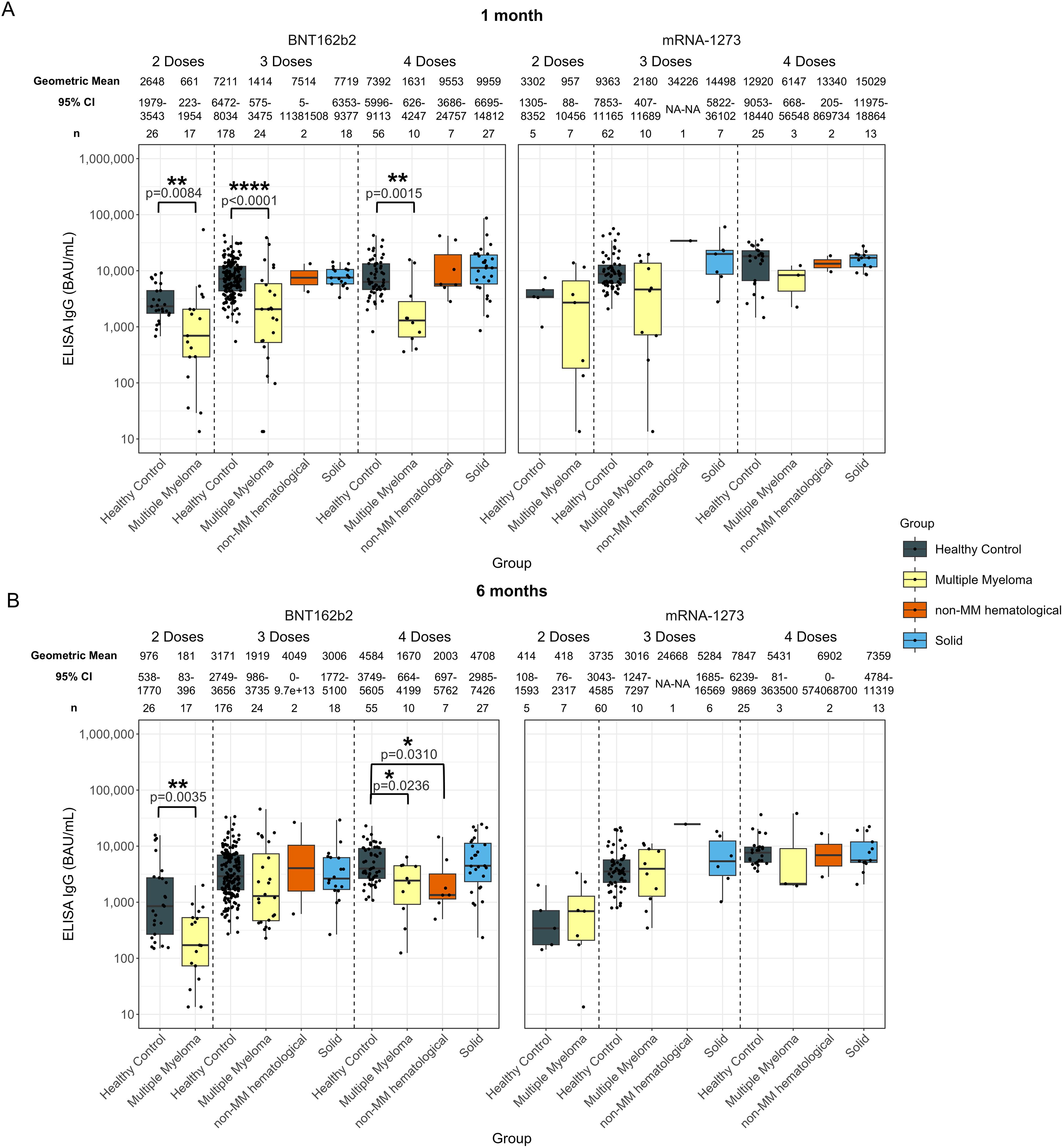 Box plots compare the levels of ELISA IgG BAU/mL across different groups and vaccine doses at one month (A) and six months (B) post-vaccination. Groups include Healthy Control, Multiple Myeloma, Non-MM Hematological, and Solid, with doses ranging from two to four. Significant p-values are indicated. Measurements include geometric mean, 95% confidence interval, and sample sizes, shown separately for BNT162b2 and mRNA-1273 vaccines.