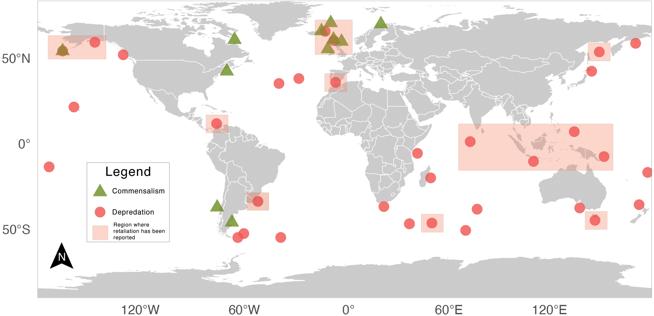 World map illustrating locations of commensalism and depredation with green triangles and red circles, respectively. Pink shaded areas indicate regions where retaliation has been reported. The map includes a legend and geographic coordinates.