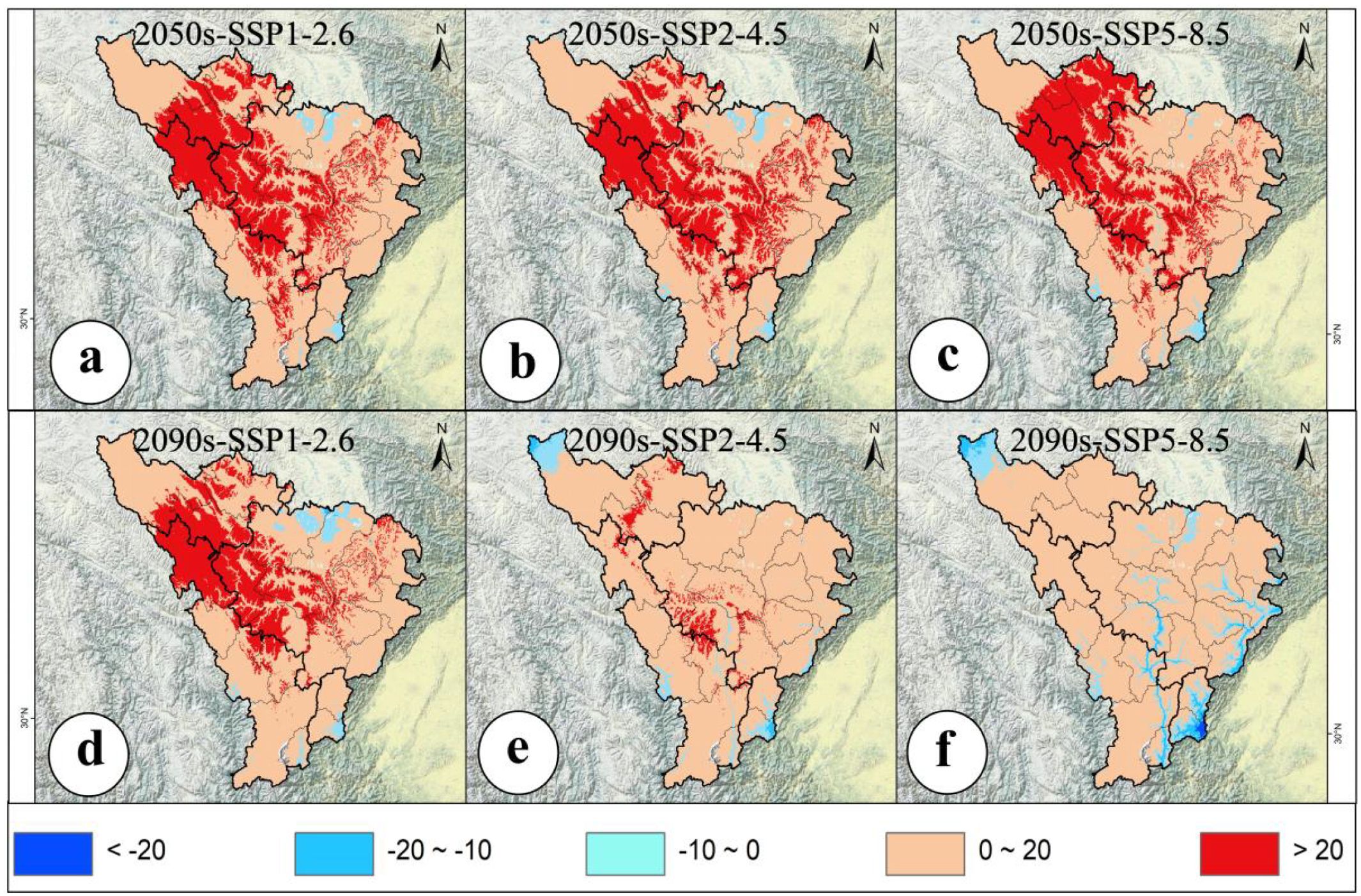 Maps depicting projected climate scenarios for the 2050s and 2090s under SSP1-2.6, SSP2-4.5, and SSP5-8.5. Each map shows temperature changes using a color scale from blue (decreases) to red (increases). Six maps are labeled a to f: a, b, c for 2050s; d, e, f for 2090s. The color intensity indicates the degree of temperature change.