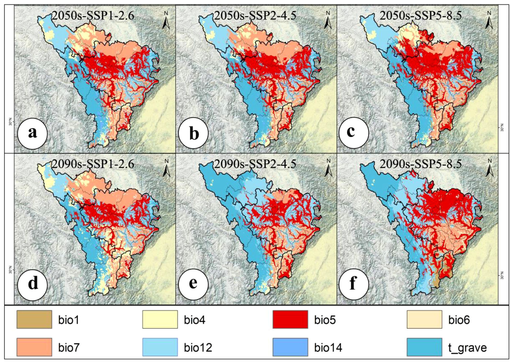 Six maps showing projected climate scenarios for a region in two future periods: 2050s and 2090s, under SSP1-2.6, SSP2-4.5, and SSP5-8.5 scenarios. Colors represent different bioclimatic variables: bio1, bio4, bio5, bio6, bio7, bio12, bio14, and t_grave. Each map highlights changes under specific climate conditions, indicating variations in temperature and precipitation patterns across the region. North arrow and scale are present.