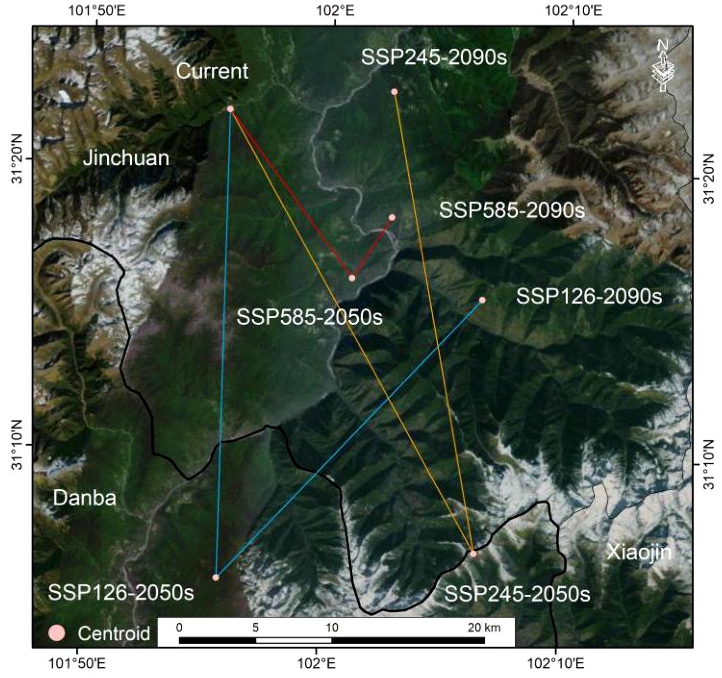 Satellite image showing a mountainous region with labeled centroids connected by colored lines. Labels include “Current,” “SSP126-2050s,” “SSP245-2050s,” “SSP585-2050s,” “SSP126-2090s,” “SSP245-2090s,” and “SSP585-2090s.” Nearby locations Jinchuan, Danba, and Xiaojin are marked. Lines indicate various scenarios, and a scale bar is at the bottom.