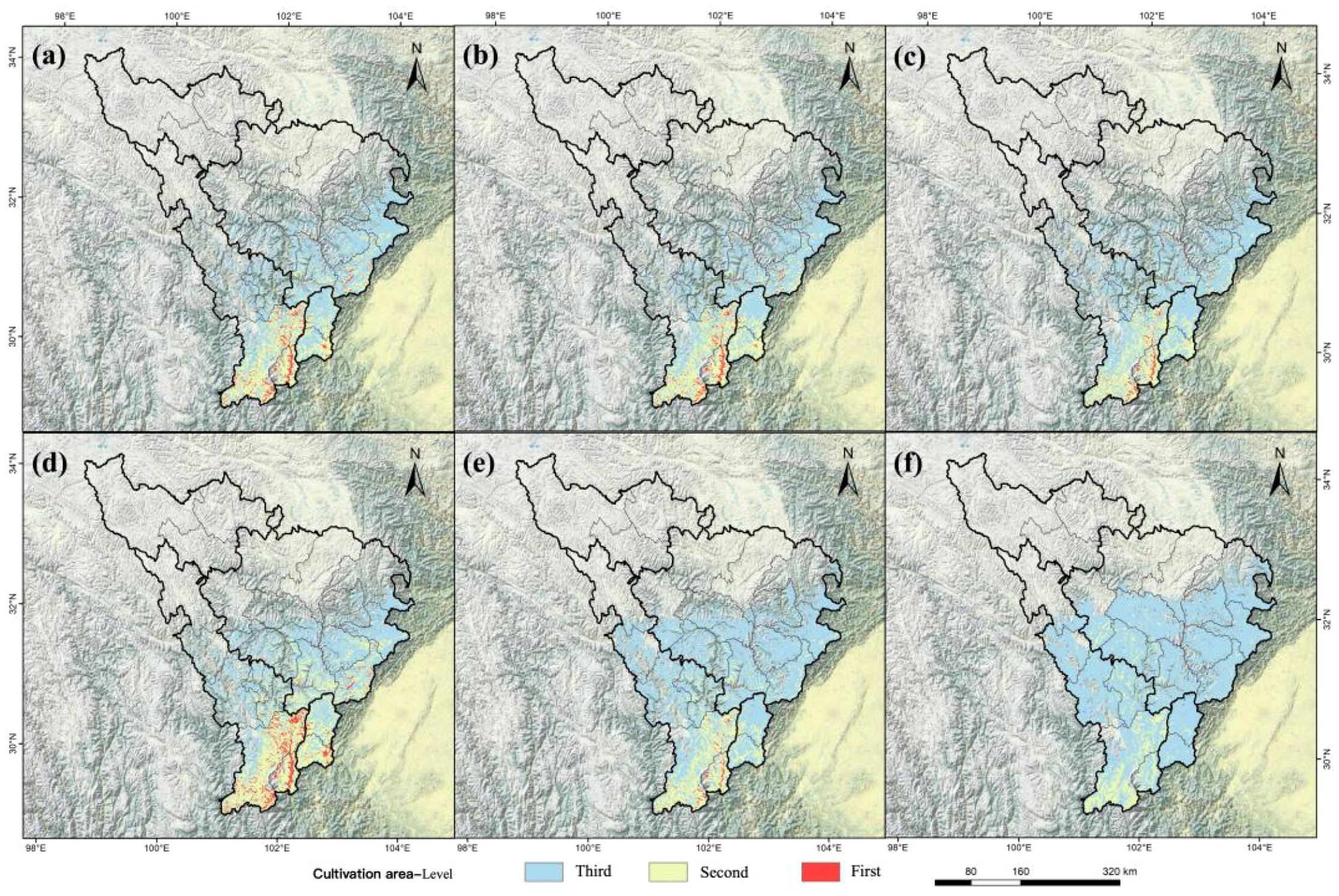 Six-panel map depicting cultivation area levels in a region with coordinates marked. Panels a to f show variations in cultivation levels distinguished by colors: red for first, yellow for second, and blue for third level. Arrows indicate the north direction, and a scale bar is included at the bottom right.