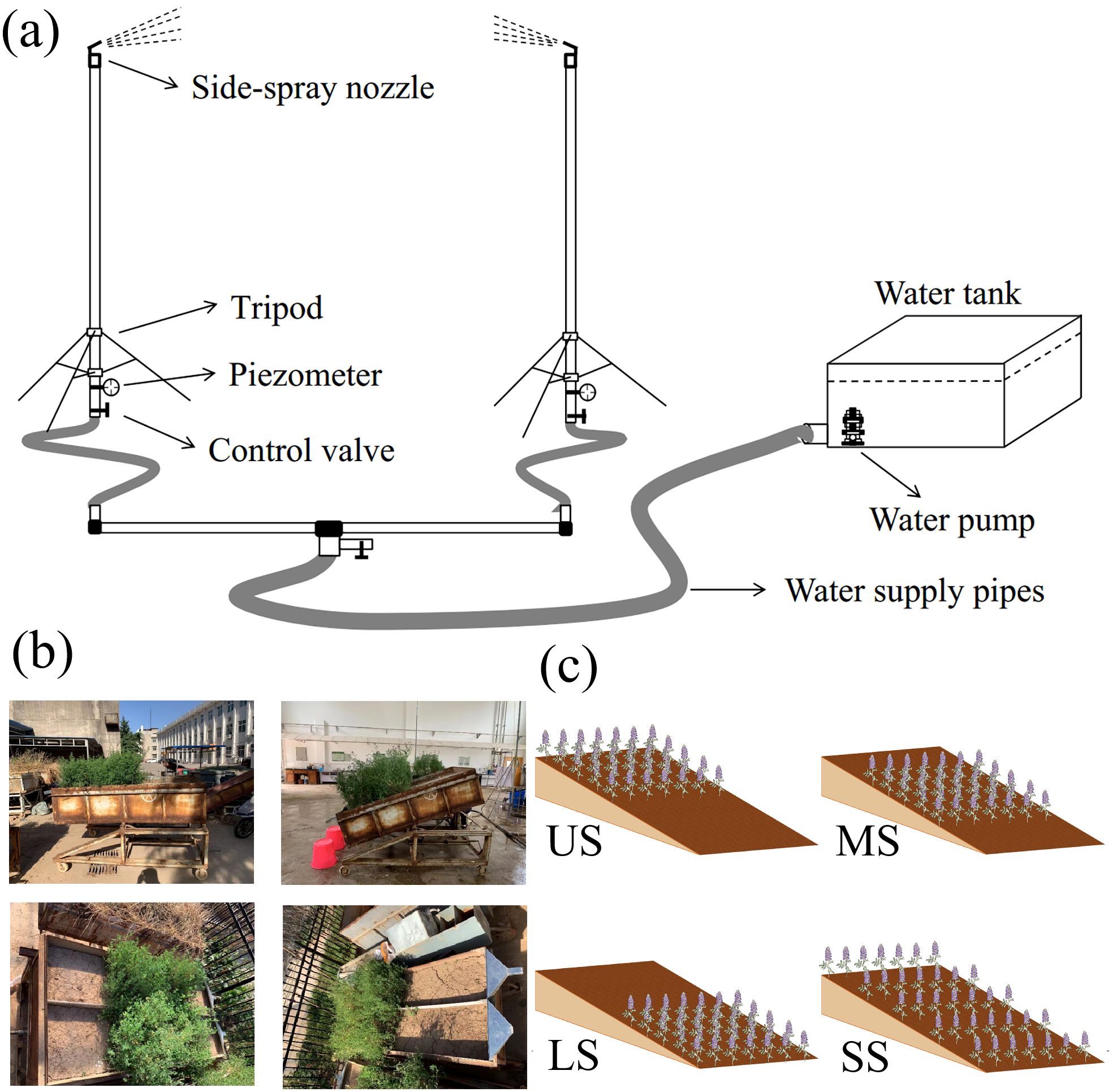 Diagram depicting an irrigation system and three sets of images: (a) a schematic showing a water tank, water pump, pipes, and two side-spray nozzles on tripods with piezometers and control valves; (b) four photos of a slanting planter box with greenery; (c) diagrams indicating different slope planting configurations labeled US, MS, LS, and SS.
