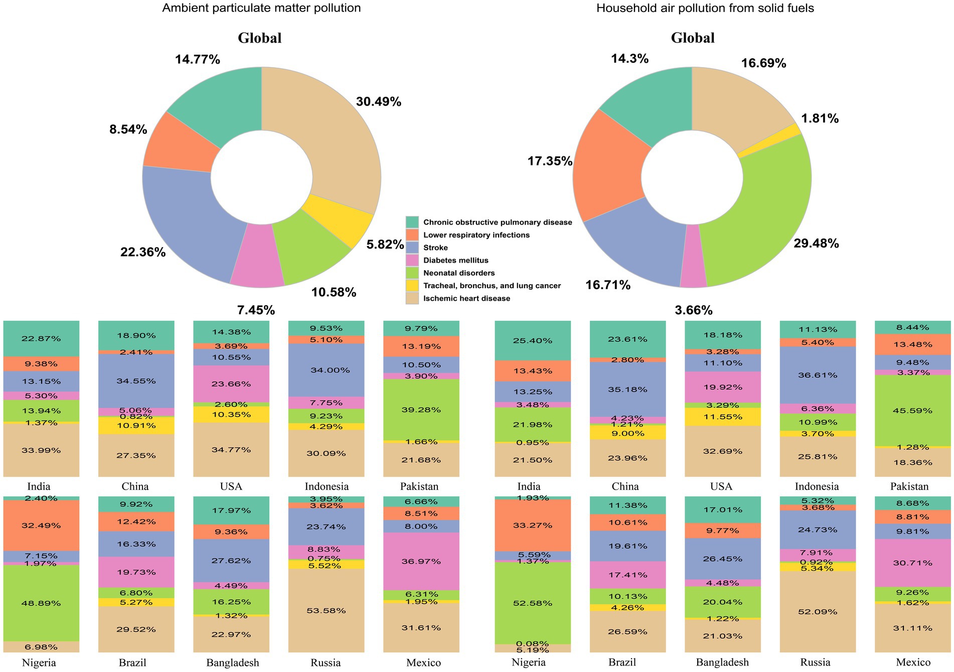 Dual charts show causes of mortality from ambient particulate matter and household air pollution globally and by country. The charts include categories like chronic obstructive pulmonary disease and lower respiratory infections. Percentages indicate the contribution level of each cause. The lower section of the image presents specific data for countries such as India, China, and others, illustrating the variation in health impacts within these countries. The image uses color coding for different diseases.
