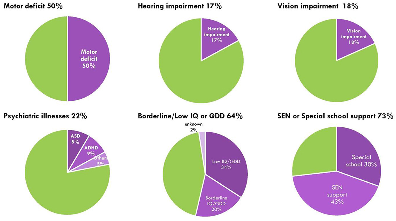 Six pie charts showing various impairments and support needs percentages. Motor deficit: 50% in purple. Hearing impairment: 17% in purple. Vision impairment: 18% in purple. Psychiatric illnesses: 22% with ADHD 9%, ASD 8%, Other 5% in purple. Borderline/Low IQ or GDD: 64% with Borderline 20%, Low IQ/GDD 34%, Unknown 2% in purple. SEN or Special school support: 73% with SEN support 43%, Special school 30% in purple.