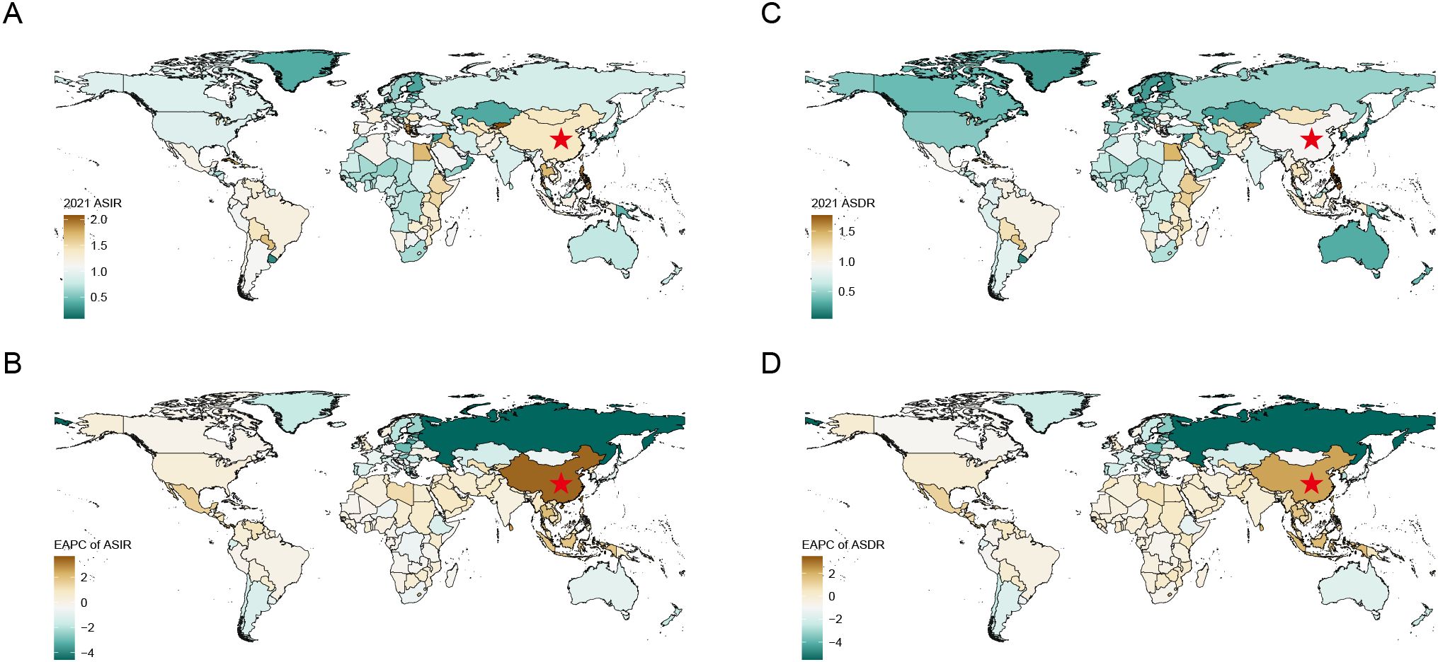 World maps depict varying statistics by countries and territories with gradients of color. Map A shows 2021 ASIR, map B shows EAPC of ASIR, map C shows 2021 ASDR, and map D shows EAPC of ASDR. Shades represent different rates, with a red star indicating China.