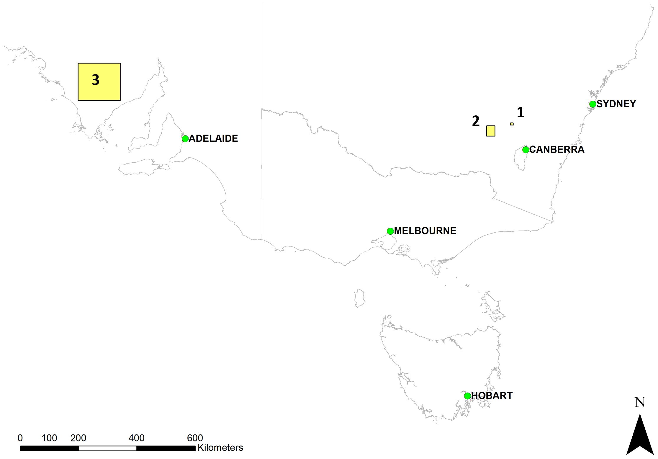 Map of southeastern Australia with key cities marked: Adelaide, Melbourne, Hobart, Canberra, and Sydney. Three numbered yellow squares indicate specific areas, with a scale bar in kilometers and a north arrow included.
