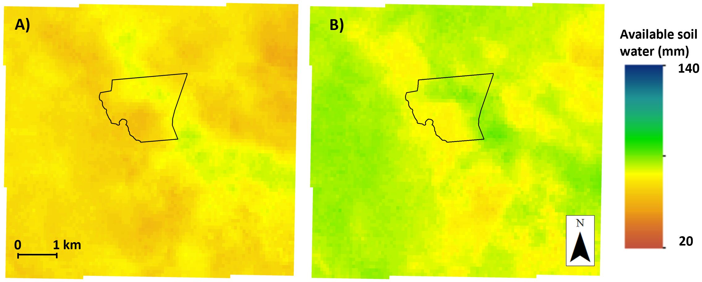 Two panels labeled A and B show maps of available soil water content in millimeters, with a common scale ranging from 20 (yellow) to 140 (blue). Panel A shows predominantly yellow shades indicating lower water content, while panel B displays more green shades, suggesting higher water content. Both panels include a black outlined area and a scale bar indicating a distance of 1 kilometer. An arrow indicates north for orientation.