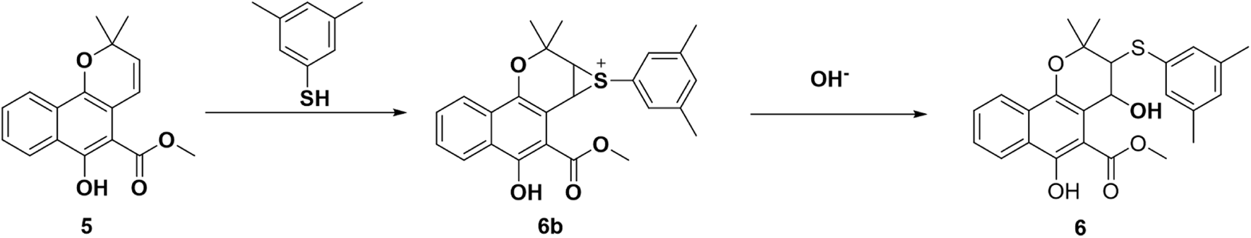 Chemical reaction sequence showing compound 5 reacting with a thiol group (SH) to form compound 6b with a positively charged sulfur. Compound 6b then reacts with a hydroxide ion (OH-) to form compound 6.