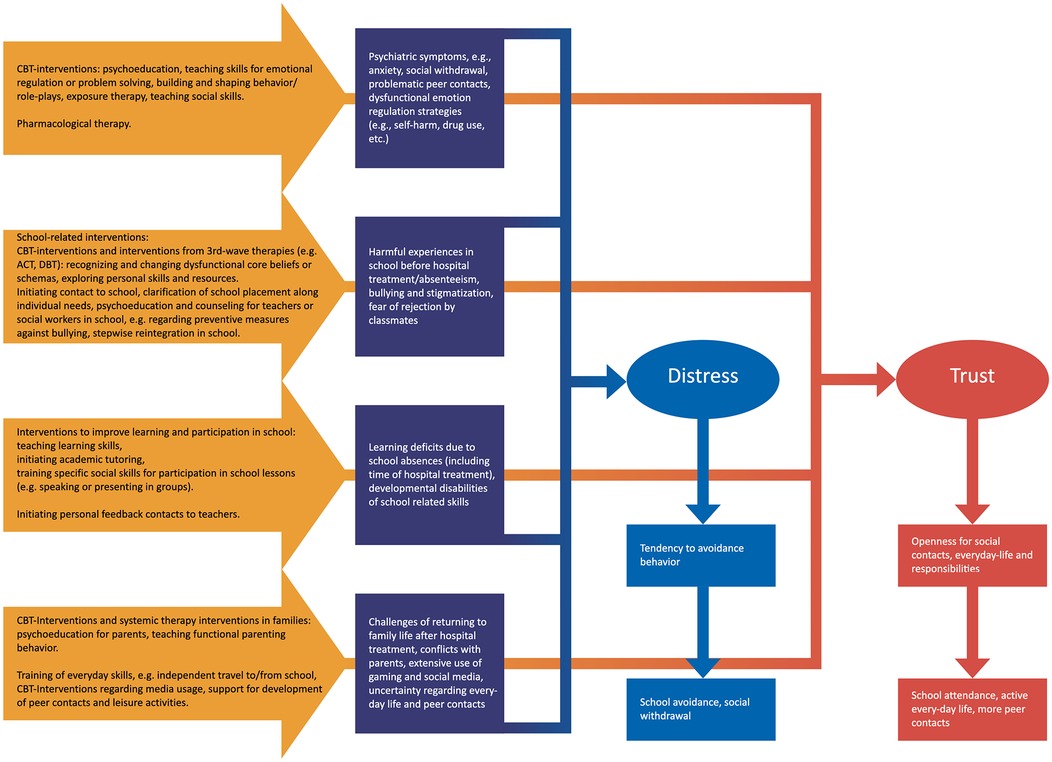 Flowchart illustrating interventions and outcomes for emotional and academic challenges. Blue arrows show the path from harmful experiences at school like bullying, psychiatric symptoms, learning disorders, or difficulties in social interactions and family life, to