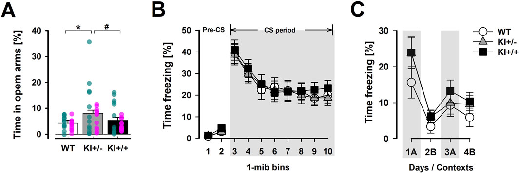 (A) Bar graph showing time spent in open arms for WT, KI+/-, and KI+/+. Error bars and scatter dots indicate variability. Significant differences are marked with asterisks and hash. (B) Line graph depicting time freezing over ten one-minute bins with different genotypes represented by distinct symbols. (C) Line graph showing time freezing across days or contexts with shaded areas highlighting comparisons. Different genotypes are marked with unique symbols.