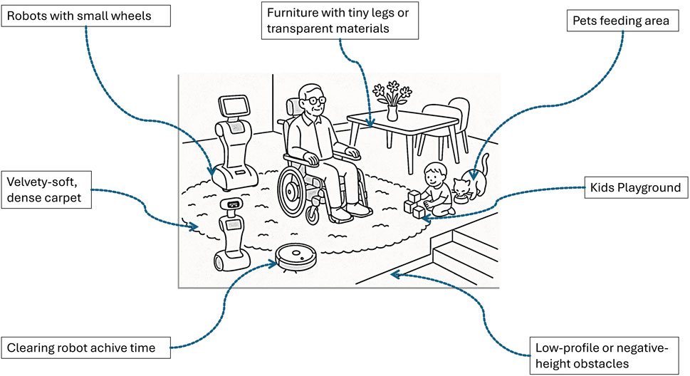 A diagram illustrates potential challenges for robots in a home environment. It shows a person in a wheelchair on a velvety-soft, dense carpet. Surrounding elements include robots with small wheels, furniture with tiny legs or transparent materials, a pets feeding area, a kids playground, clearing robot archives, and low-profile or negative-height obstacles like steps. Each challenge is connected by arrows.