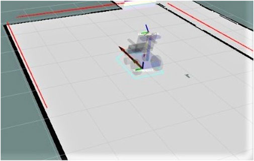Simulation showing a basic map layout with a robot model in the center. Red, black, and white lines outline a grid, with the robot positioned on the grid, represented by axes. Red represents the lidar sensor reflection beam. black the equipped cells in the map, and the gray the free cells in the map.