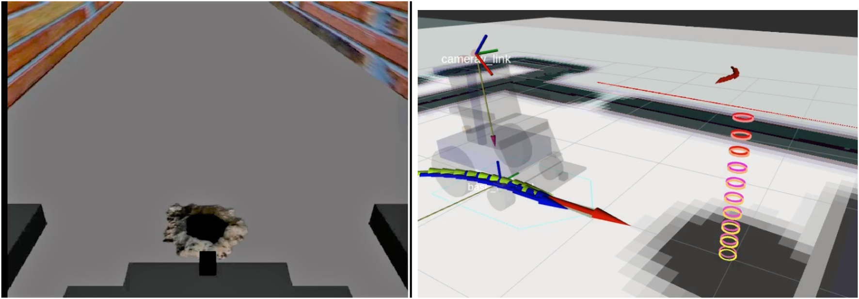 Left image shows a view from a game or simulation environment, with brick walls and a hole in the ground. Right image depicts a 3D simulation with a virtual robot, navigation paths, and coordinate axes, indicating a robotics or pathfinding program.