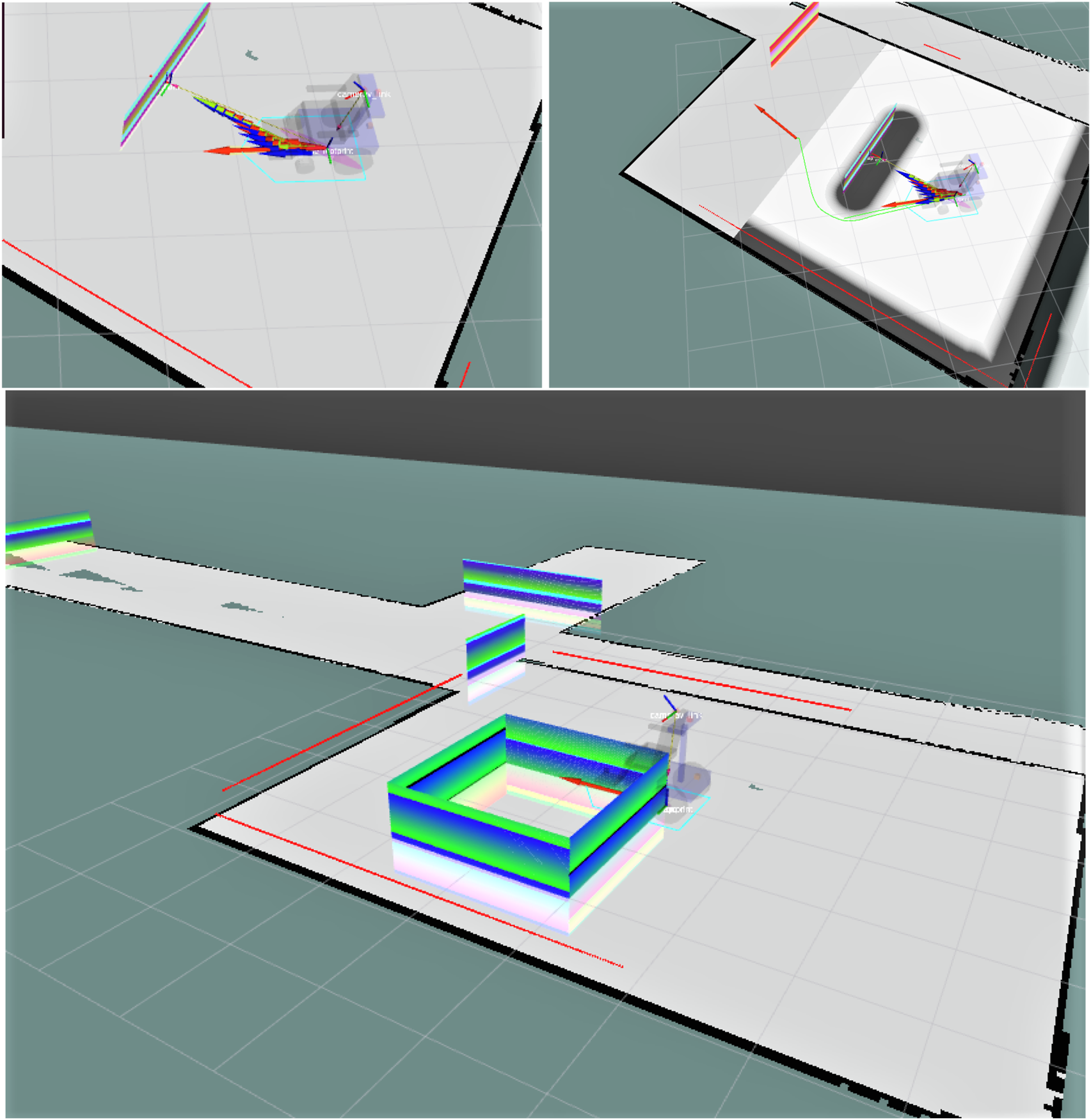 Three-panel image showing a simulation on a grid. The top left panel depicts a figure with multicolored lines extending from it. The top right panel shows the same figure near a U-shaped structure. The bottom panel displays a 3D environment with multicolored rectangular barriers and a path extending across the grid.