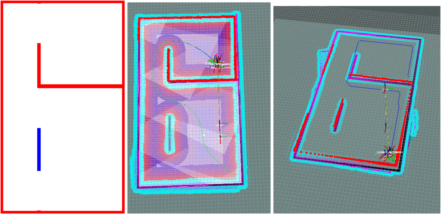 Three images display a path-planning simulation. The first shows a simple red and blue-lined map layout. The second depicts a complex path with intersecting colored lines on a grid. The third shows a 3D perspective of the path with blue, red, and green lines indicating route and measurements on a grid background.